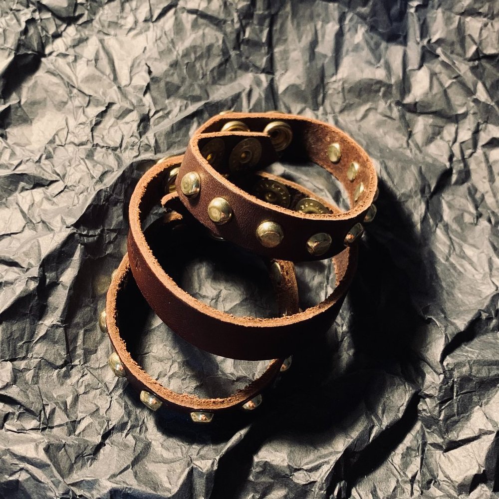 JAKIMAC Brown Leather Gold Brass Studded Bracelet Goth Punk Burlesque Pin Up